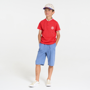 تيشيرت أحمر بأكمام قصيرة من قماش الجيرسيه المضلع للأولاد